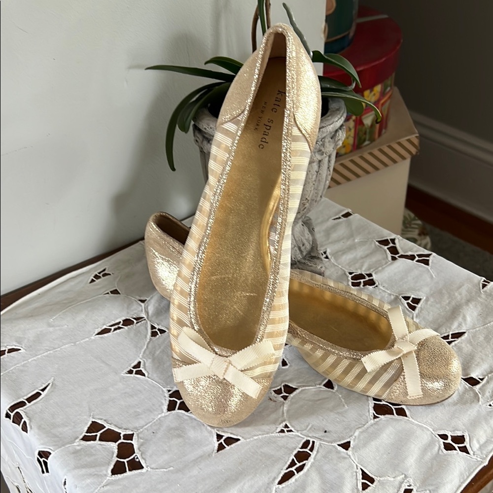 Kate Spade Gold and Cream Flats with Bow Detail